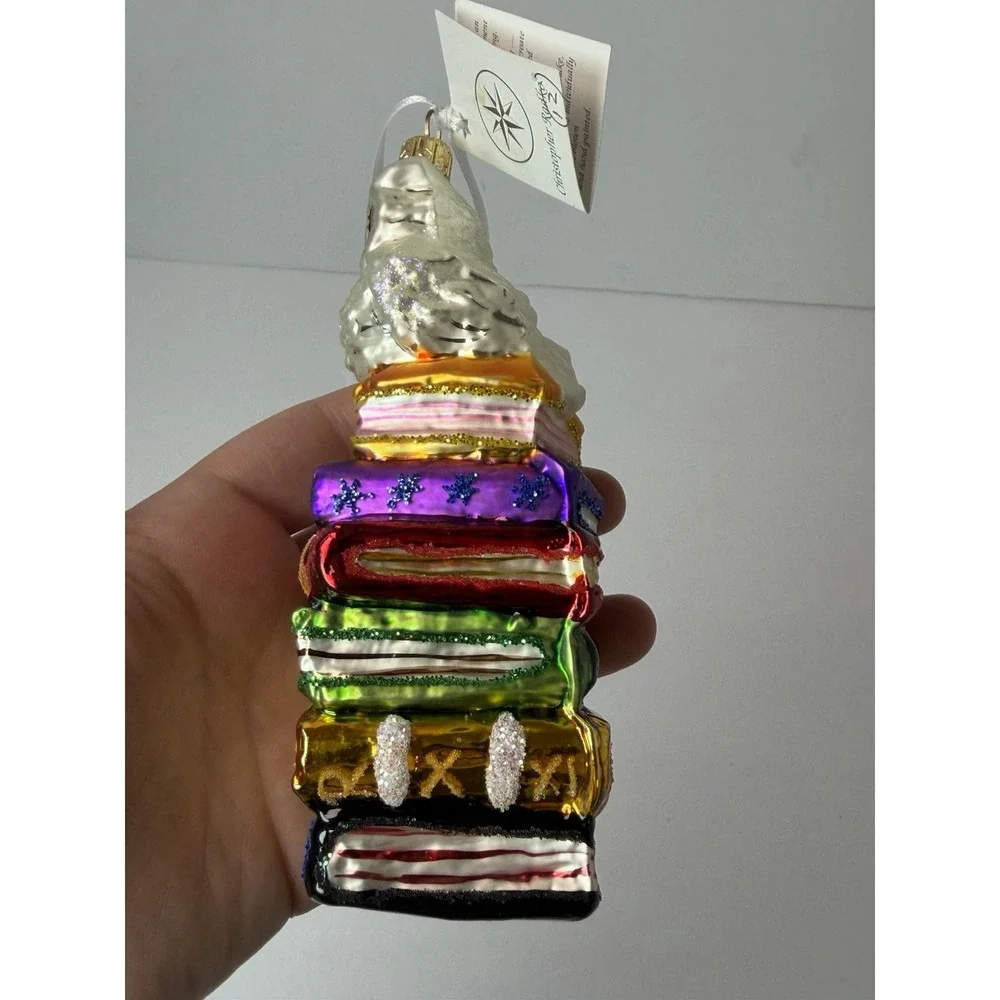 Radko Glass HOO DUNNIT Wise Owl on Stack of Books Christmas Ornament